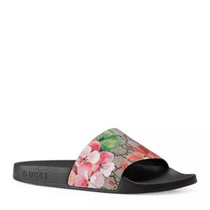 Gucci Black Slide Sandals with Pink & Green Floral Canvas Strap